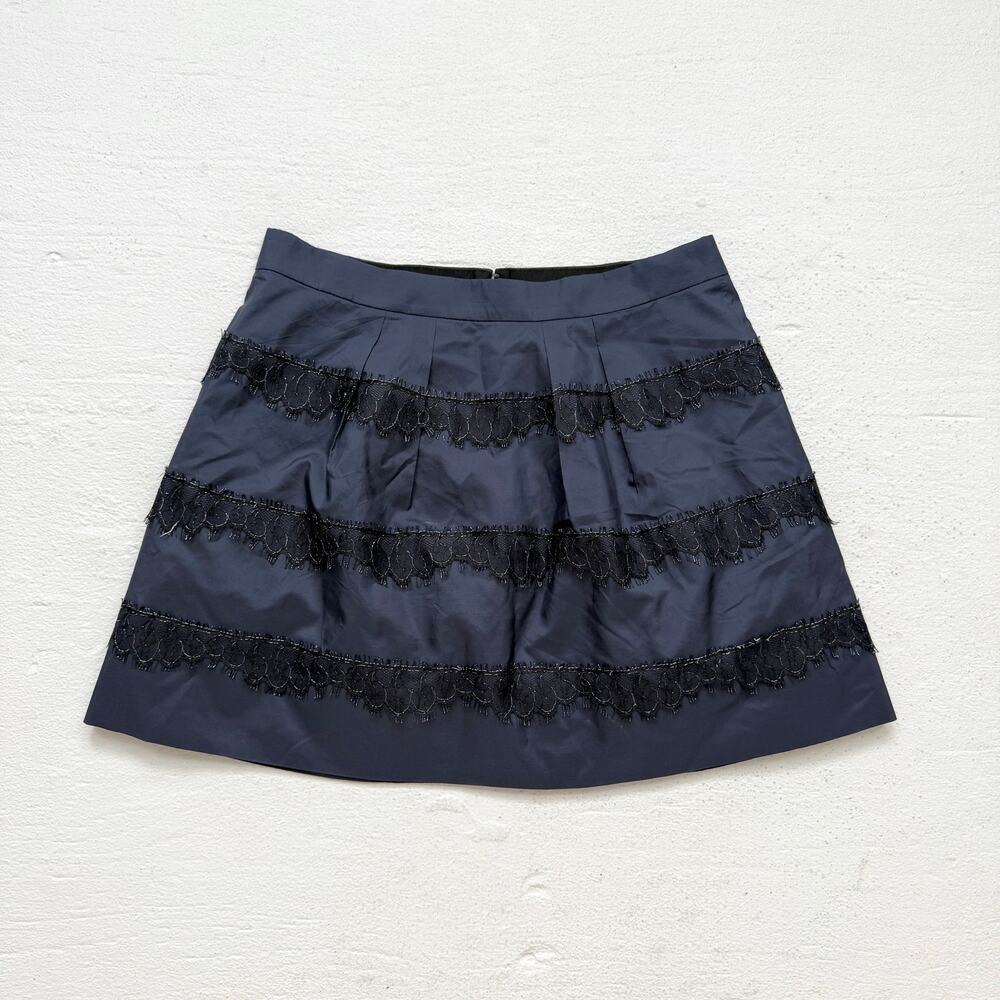 J.Crew Silk Navy Mini Skirt Size 2 Black Lace Trim Cocktail Party